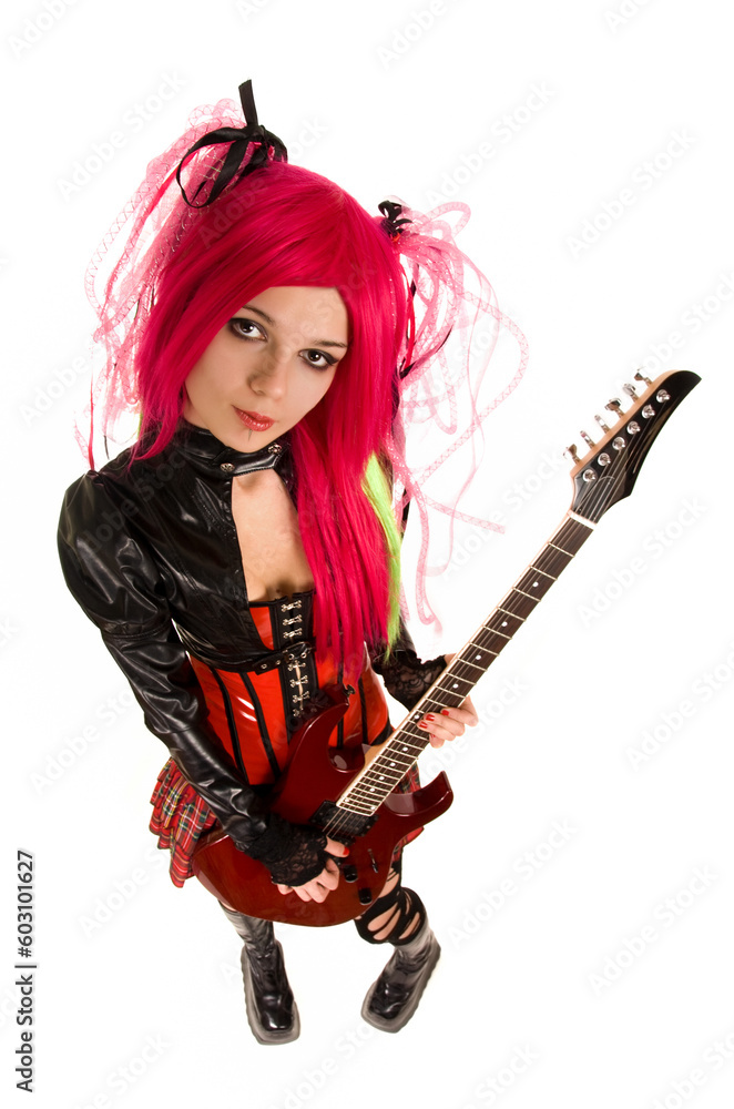 Attractive girl with guitar, high angle view