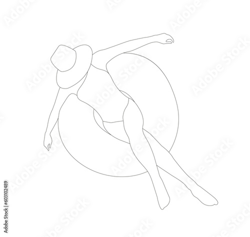 A beautiful girl in swimsuit and hat in swimming ring in swimming pool in out line style on white background 