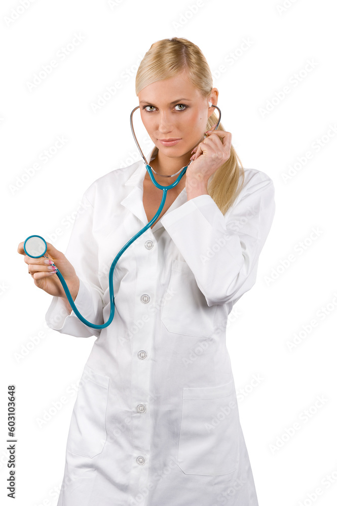 smiling medical doctor woman in act to use the stethoscope Isolated over white background smiling medical doctor woman in act to use the stethoscope Isolated over white background