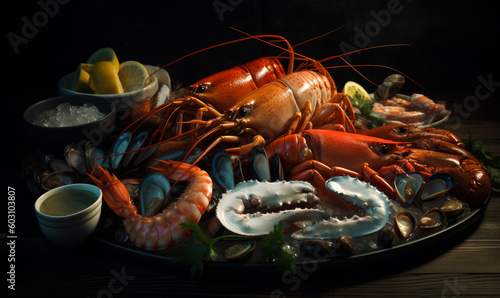 Exquisite Seafood Platter, Lobster, Scallops, Clams, and Shrimp. Generative ai.