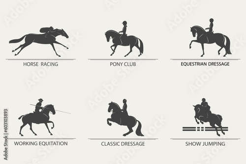Set of icons on the theme of equestrian sports