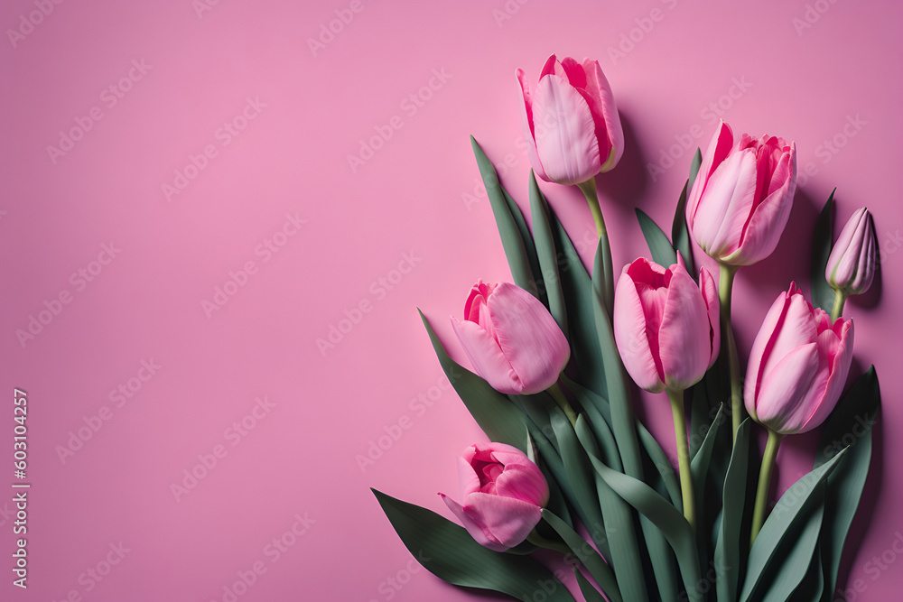 Obraz premium Spring tulip flowers on pink background from top view. Art generative. Created with Generative AI.