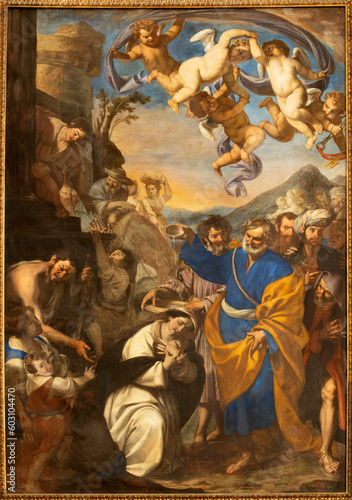 NAPLES, ITALY - APRIL 22, 2023: The painting of Baptism of Saint Candida in the church Basilica di San Pietro ad Aram by Franceso de Rosa (1607 - 1656).