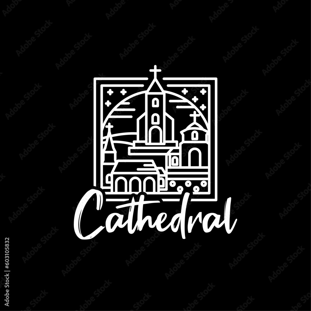 Church Cathedral logo design vector. Modern line art Church logo design