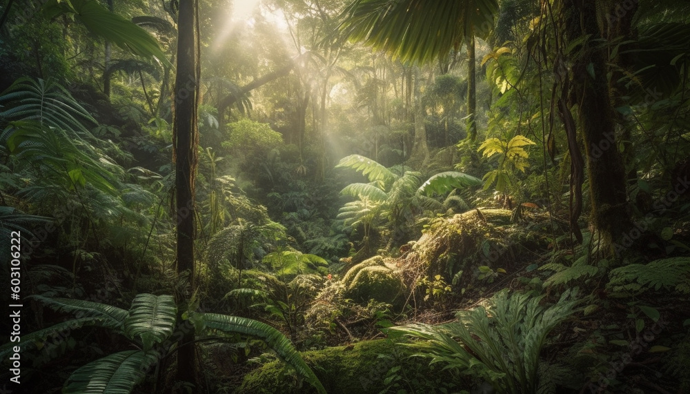 Fototapeta premium Tropical rainforest growth, ferns, and palm trees generated by AI