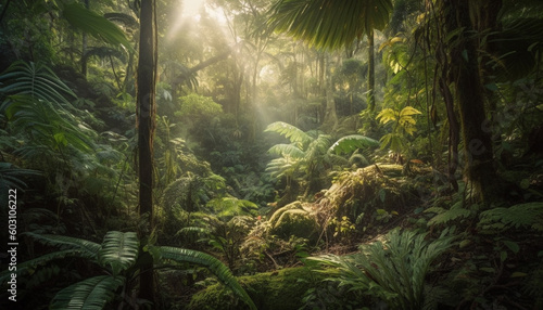 Tropical rainforest growth, ferns, and palm trees generated by AI