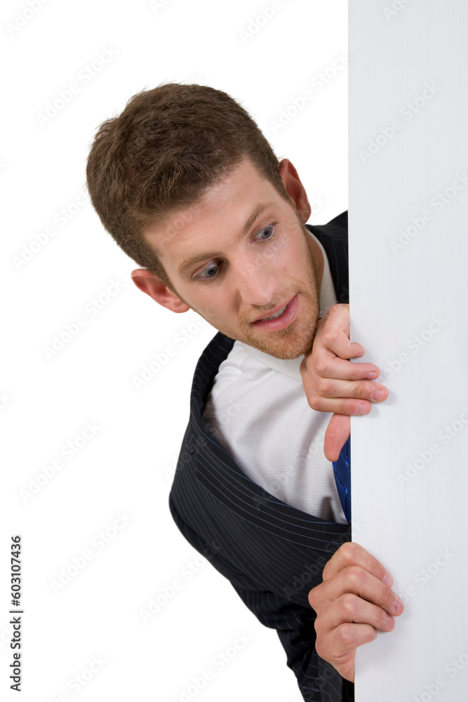 man peeping side white board on isolated background man peeping side white board on isolated background