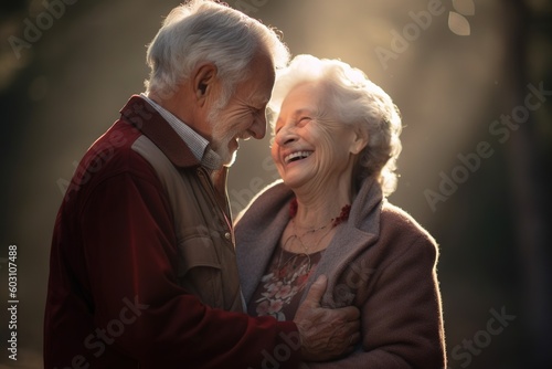 older couple hugging smiling outdoors, french countryside, joyful and optimistic © Fotostockerspb
