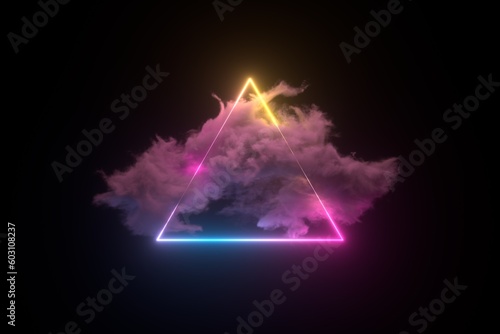 Abstract minimal pink blue neon triangle frame into clouds. photo