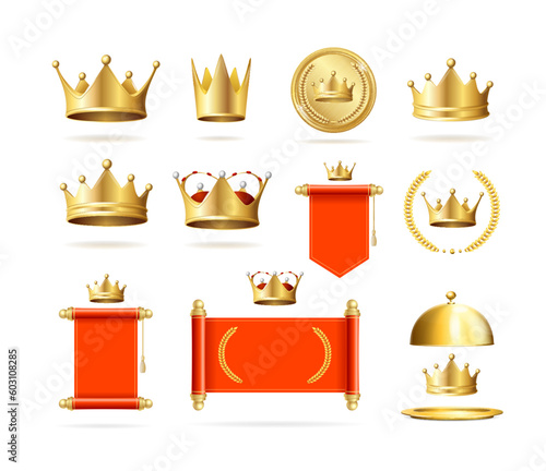 Realistic Detailed 3d Gold Royal Symbol Crown Set Isolated on a White Background. Vector illustration of Crowns