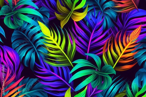 Tropic leaves in neon colors. Colored vector illustration on black background. Generative AI