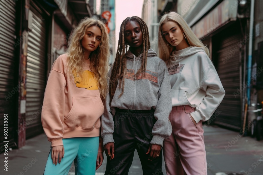 A street-style fashion shoot featuring models wearing trendy urban outfits, including baggy jeans, sneakers, and oversized hoodies, reflecting the fashion influence of hip-hop culture. Generative AI A street-style fashion shoot featuring models wearing trendy urban outfits, including baggy jeans, sneakers, and oversized hoodies, reflecting the fashion influence of hip-hop culture. Generative AI