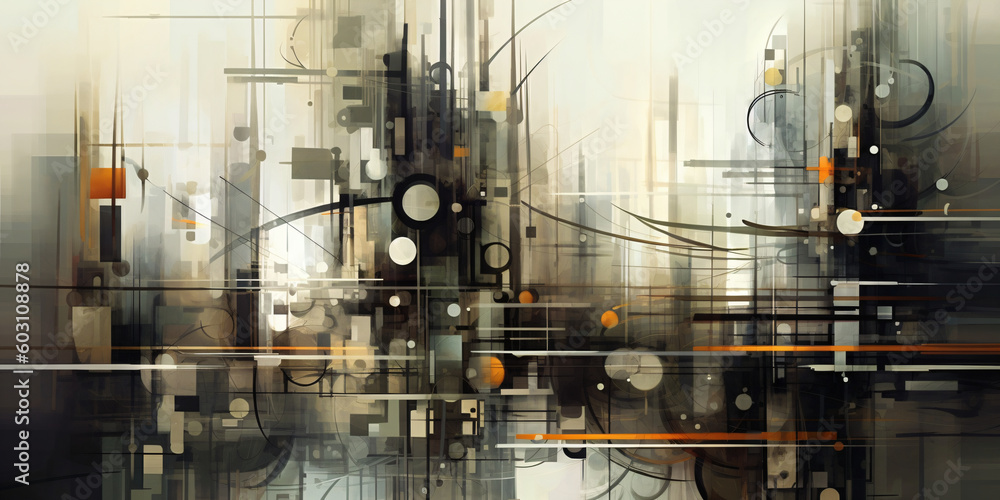 Futuristic city's dark abstract art features high-angle shots of fragmented, organic, and mechanized forms with muted tones and inkblots.