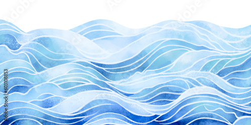 Transparent ocean water wave copy space for text.  Isolated blue, teal, turquoise happy cartoon wave for pool party or ocean beach travel. Web banner, backdrop, background png graphic. © Vita