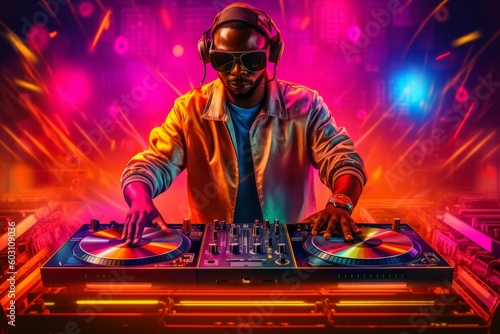 A DJ mixing music on a vintage DJ setup, complete with turntables, mixers, and colorful disco lights, capturing the energetic atmosphere of eighties parties. Generative AI