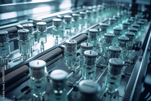 An overhead shot of a conveyor belt system in the factory, showcasing vials of vaccines being filled, capped, and labeled with precision. Generative Ai