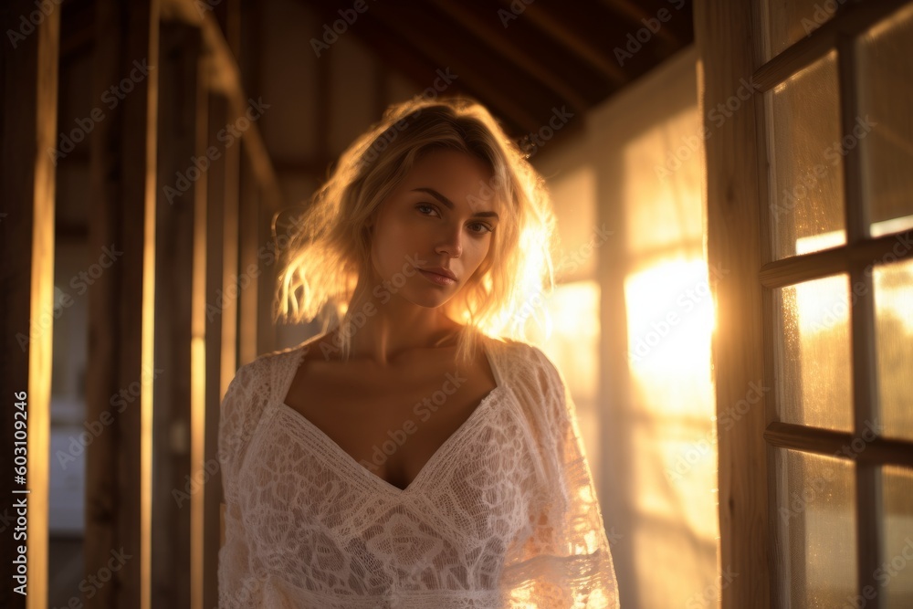 A stunningly beautiful blond woman, with white sheer lace nightgown standing in a wooden chalet. Generative AI - obrazy, fototapety, plakaty 
