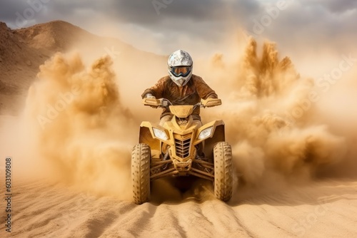 ATV quad in dust cloud with desert on background. Biker rider in action. Generative AI