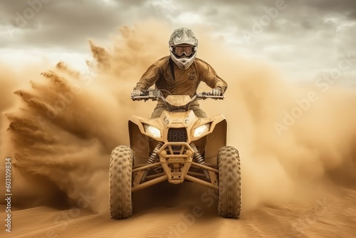 ATV quad in dust cloud with desert on background. Biker rider in action. Generative AI