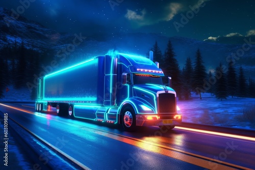 A self-driving truck depicted as a guardian of the road  with a majestic presence and a glowing aura. The image represents the power and reliability of autonomous trucking technology. Generative AI