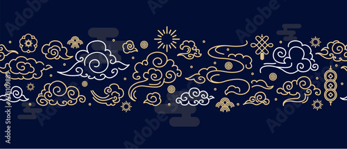 Asia Clouds Signs Thin Line Pattern on a Blue Chinese Style. Vector illustration of Oriental Decoration for Web and App Design