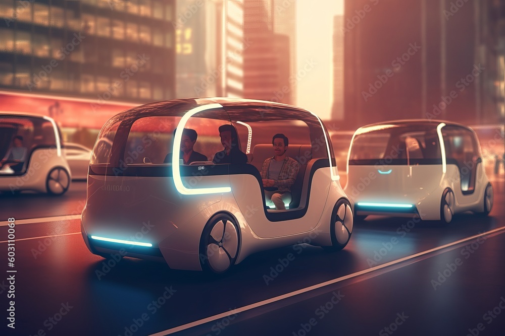 Futuristic self-driving van moving on a highway in a Modern City with Skyscrapers. Beautiful Female and Senior Man are Having a Conversation in a Driverless Autonomous Vehicle. Generative AI