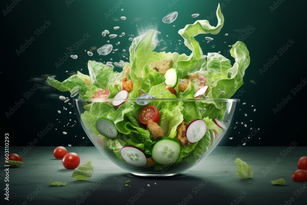 A dynamic image capturing the process of tossing an iceberg salad in a bowl. The motion of the salad ingredients creates a sense of energy and freshness. Generative AI A dynamic image capturing the process of tossing an iceberg salad in a bowl. The motion of the salad ingredients creates a sense of energy and freshness. Generative AI