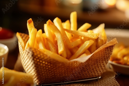 Serving basket filled with golden and perfectly crispy French fries. The lighting is warm and inviting  highlighting the texture and mouthwatering appearance of the fries. Generative AI