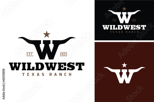 Initial Letter W with Texas Longhorn Bull Horns for Country Western Cow Cattle Farm Ranch Countryside Livestock Vintage Label Logo Design