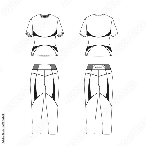 Womens sport set technical CAD mockup, fashion illustration t-shirt and three quarter pants template, front and back view.