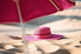 A magenta summer hat under a magenta umbrella on sandy beach. Summer leisure and holidays minimal concept. No people. Copy space. Generative AI