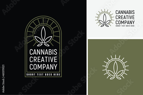 Marijuana Weed Leaf with Vintage Classic Line Art Deco for Cannabis Farm Cultivation or CBD Hemp Oil Company Industry logo design