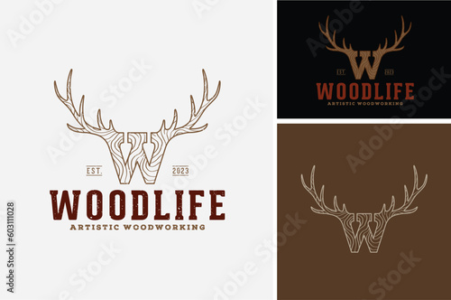 Initial Letter W Wooden Wildlife, Wood Texture Handcraft with Buck Stag Mule Deer Reindeer Elk Antler for Artistic Woodwork Vintage Logo Design