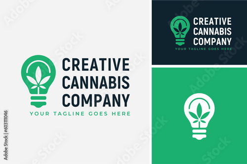 Electric Light Bulb Lamp with Marijuana Leaf Icon for Cannabis Innvovation Creative Industry logo design