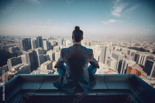Man businessman sits in a lotus position on the roof of a skyscraper against the backdrop of the city. View from high altitude seclusion zen calmness, loneliness. Generative AI.