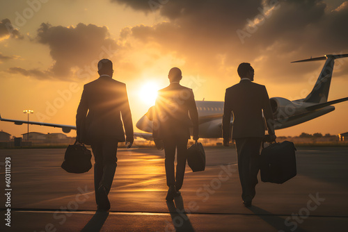 Businessman walking towards a private jet, team walk through the airport, evening sunset sunrise time. Generative AI.