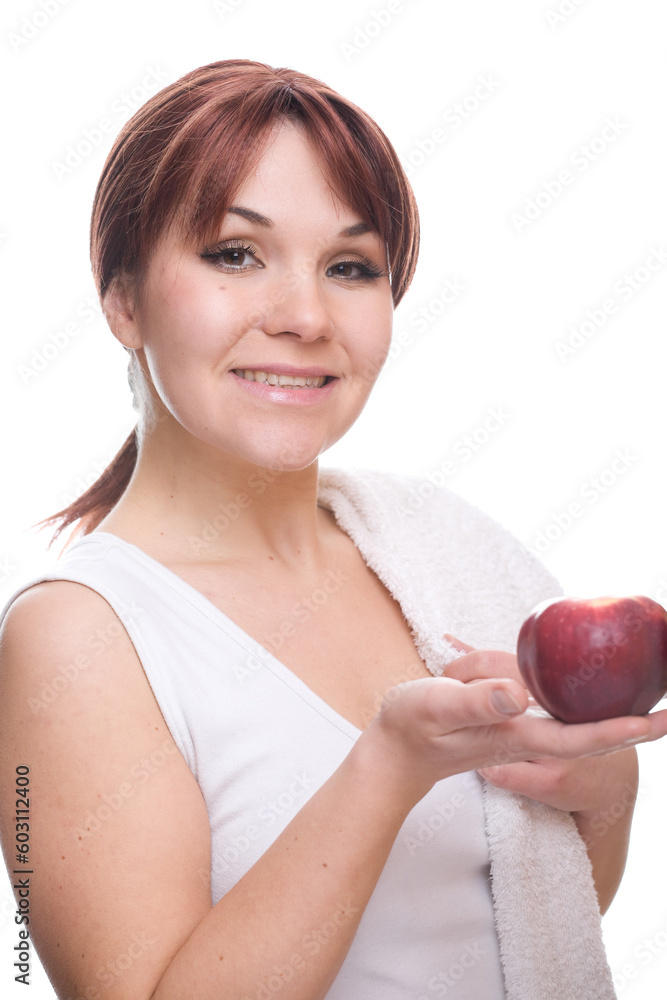 healthy woman with apple. over white background healthy woman with apple. over white background