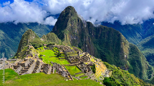 View over Machu Picchu, a 15th-century Inca citadel located in the Peru, South America. One of the Seven Modern Wonders of the World