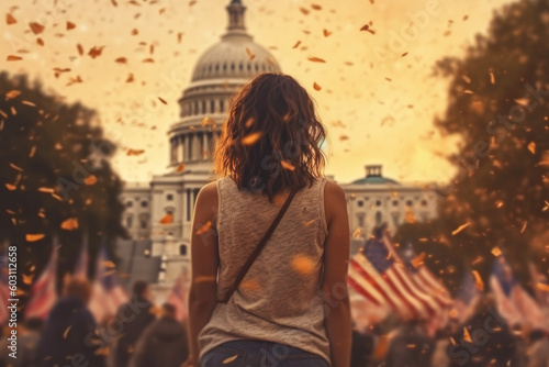 Mujer de espaldas en una manifestacion o protesta frente al capitolio donde numerosas personas portan banderas americanas. Concepto 4 de julio, elecciones, protesta, manifestacion, patpriotismo photo