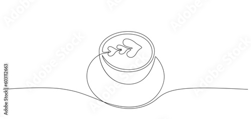 Coffee cup one line drawing. Top view of cappuccino with heart shaped art, cafe shop concept. Modern vector illustration