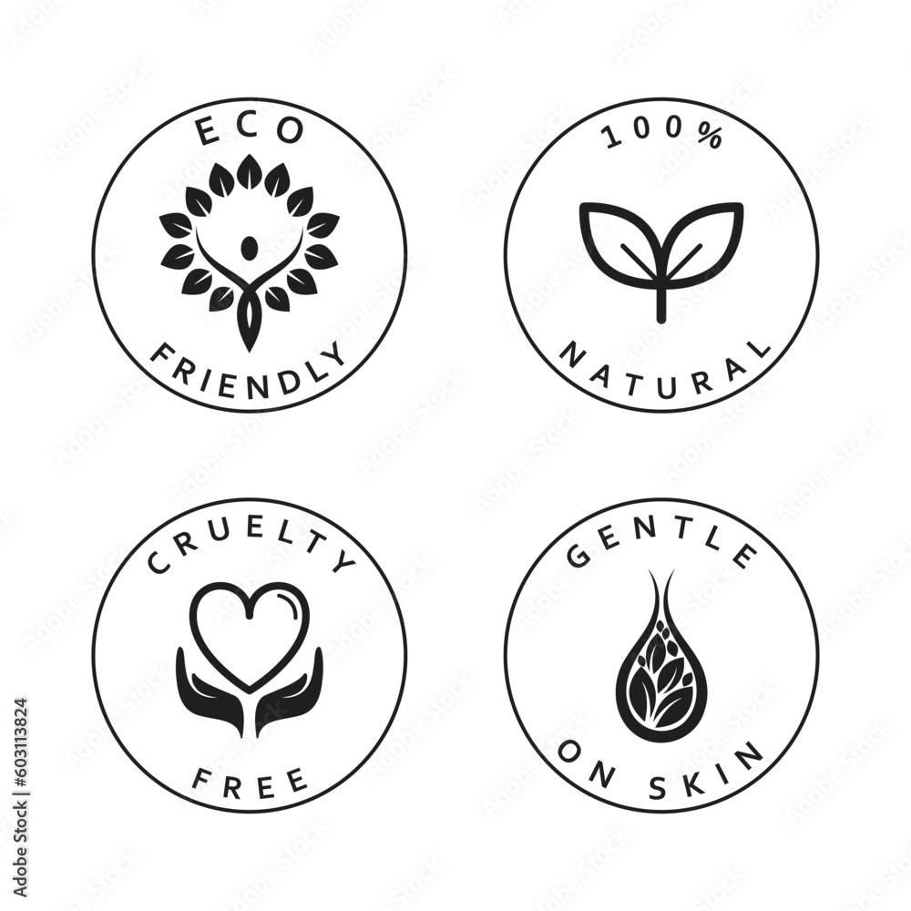 Set of simple icons. Eco friendly, natural, cruelty free and gentle on skin icons. Natural organic stickers set. Set of simple icons. Eco friendly, natural, cruelty free and gentle on skin icons. Natural organic stickers set.