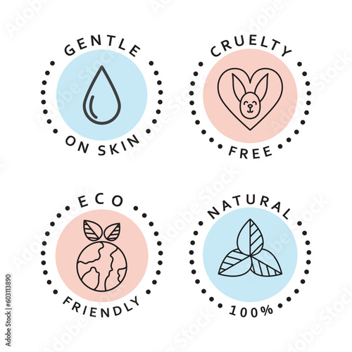 Set of simple icons. Eco friendly, natural, cruelty free and gentle on skin icons. Natural organic stickers set. 