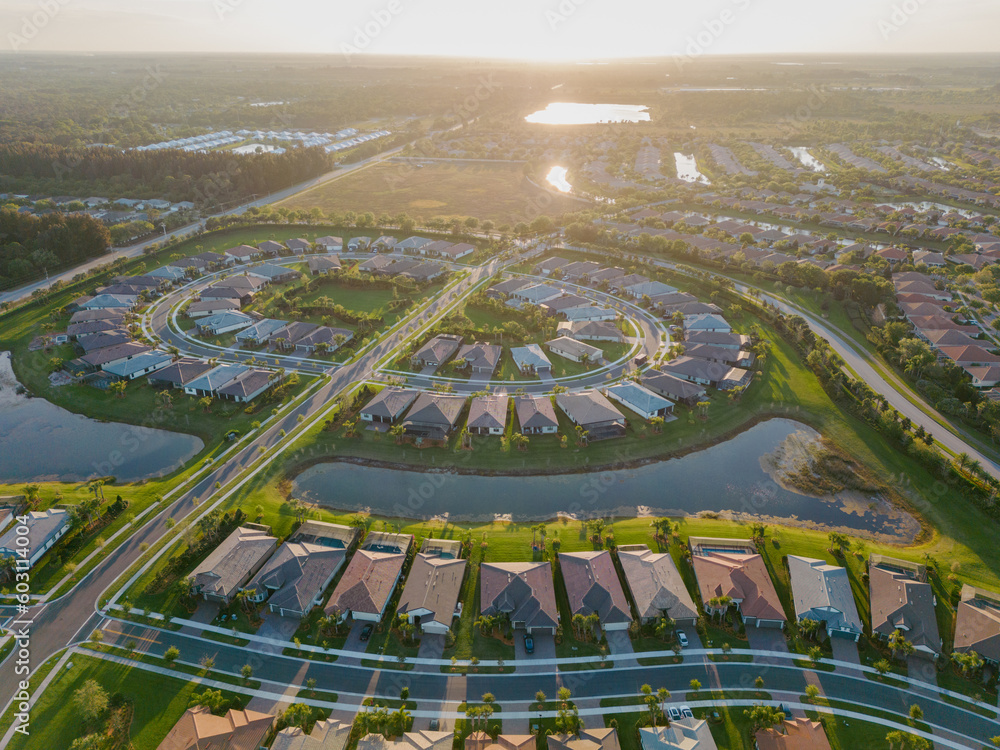 Homes and lakes in Florida during sunset Homes and lakes in Florida during sunset