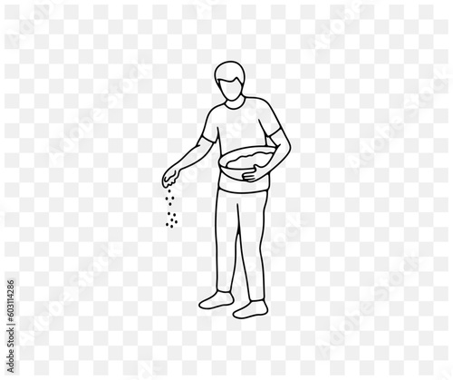Man pouring grain from a basket, farmer and agriculture, linear graphic design. Man sows grain throwing it on the ground, farm and farming , vector design and illustration