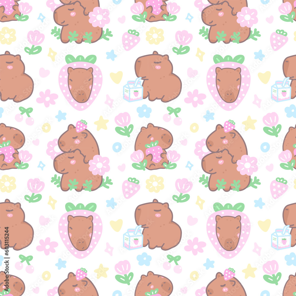 Childish seamless pattern with capybaras, strawberries, flowers. Cute background for textile design, cover, wrapping paper. Childish seamless pattern with capybaras, strawberries, flowers. Cute background for textile design, cover, wrapping paper.