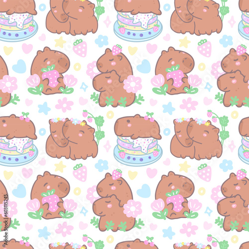 Multicolored seamless pattern with capybaras, doodles, sweets. Background with animals for the design of textiles, covers, wrapping paper, birthday.