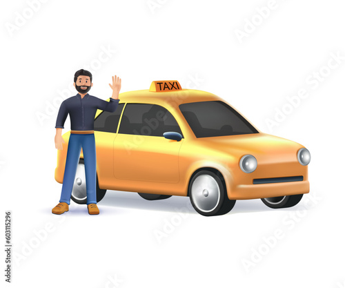 3D Smiling young taxi driver near his car. Taxi service. Vector illustration in 3D cartoon style. Yellow taxi car cab