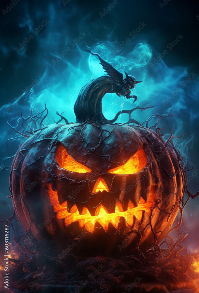 Naklejka premium Happy Halloween posters. pumpkin wallpaper with scary face. with a fantastic background. generative ai