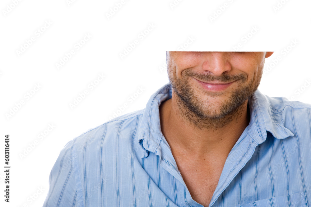 Man smiling and holding white sign with copyspace Man smiling and holding white sign with copyspace