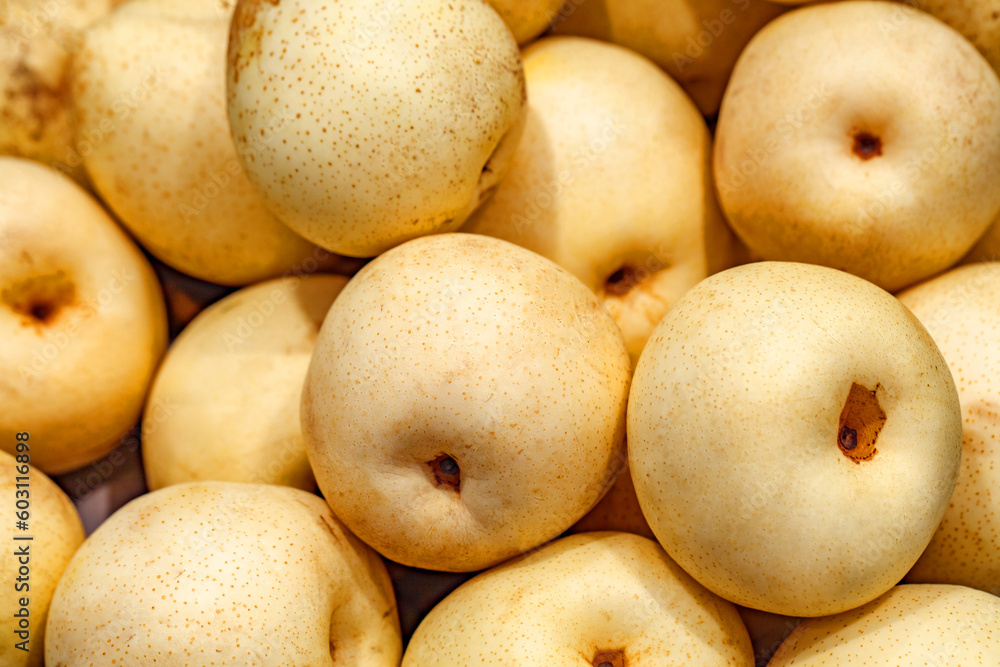 Apples golden in bulk on market, selective focus Apples golden in bulk on market, selective focus